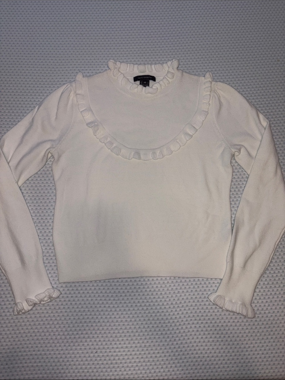 French Connection Baby soft Cream Ruffle-Trim Long Sleeve Knit Top